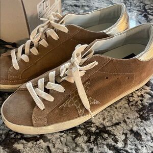 Golden Goose Tan and Silver Sneakers
